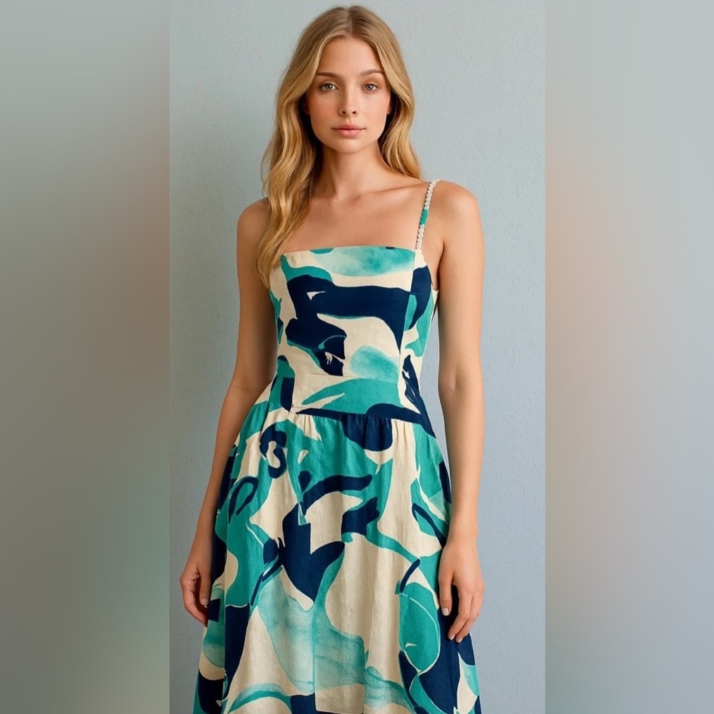 NWT Christian Lacroix Linen Cotton Blue Organic Pattern Summer Midi Dress - XS